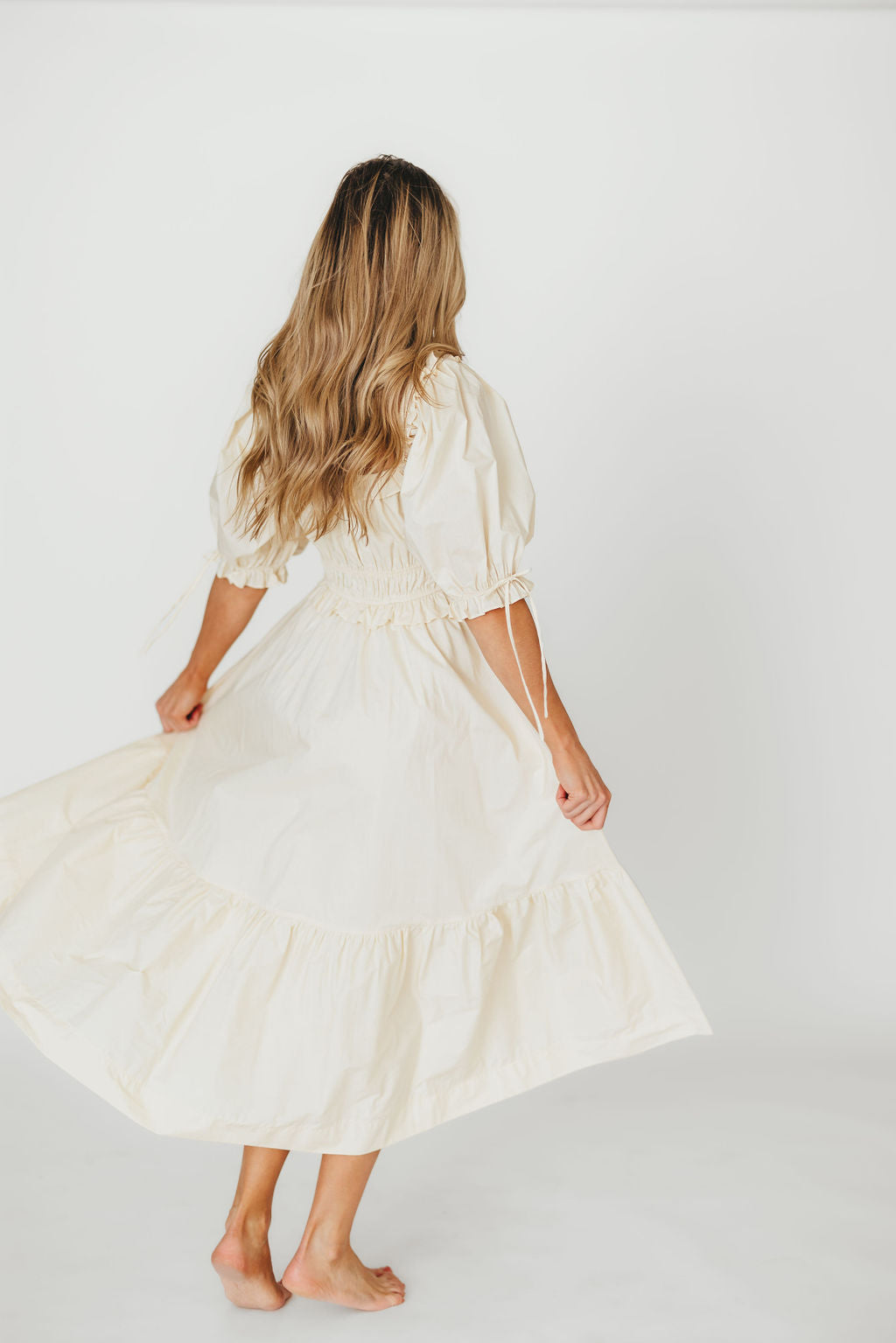 Crissy 100% Cotton Ruched Midi Dress in Cream - Bump Friendly