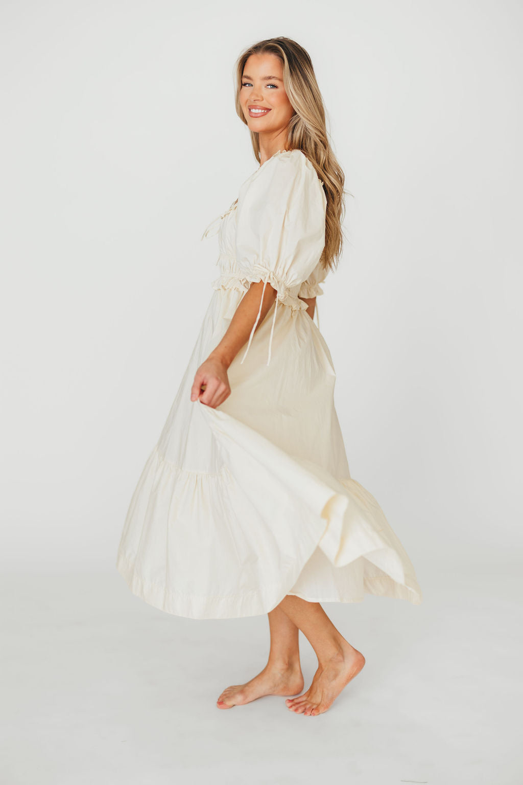 Crissy 100% Cotton Ruched Midi Dress in Cream - Bump Friendly