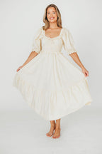 Crissy 100% Cotton Ruched Midi Dress in Cream - Bump Friendly