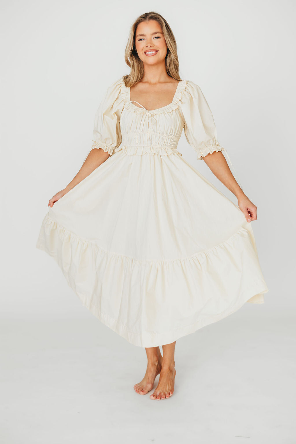 Crissy 100% Cotton Ruched Midi Dress in Cream - Bump Friendly