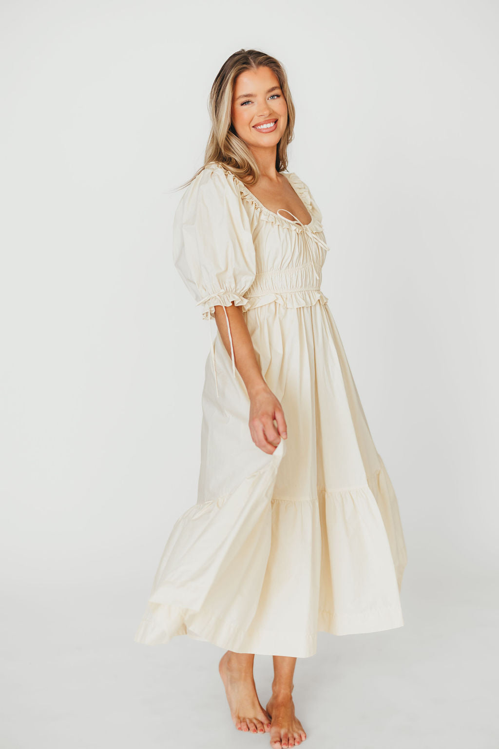 Crissy 100% Cotton Ruched Midi Dress in Cream - Bump Friendly