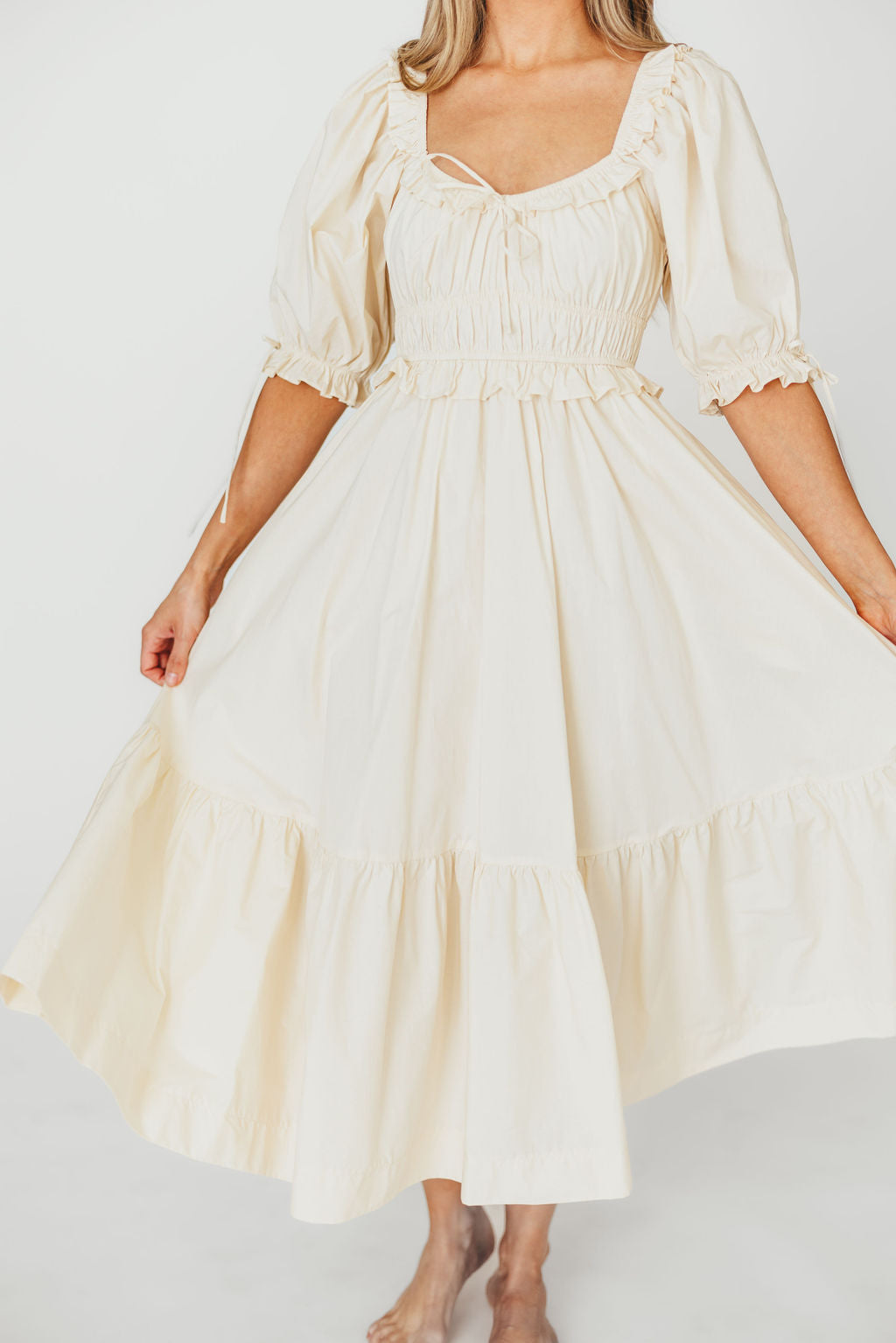 Crissy 100% Cotton Ruched Midi Dress in Cream - Bump Friendly