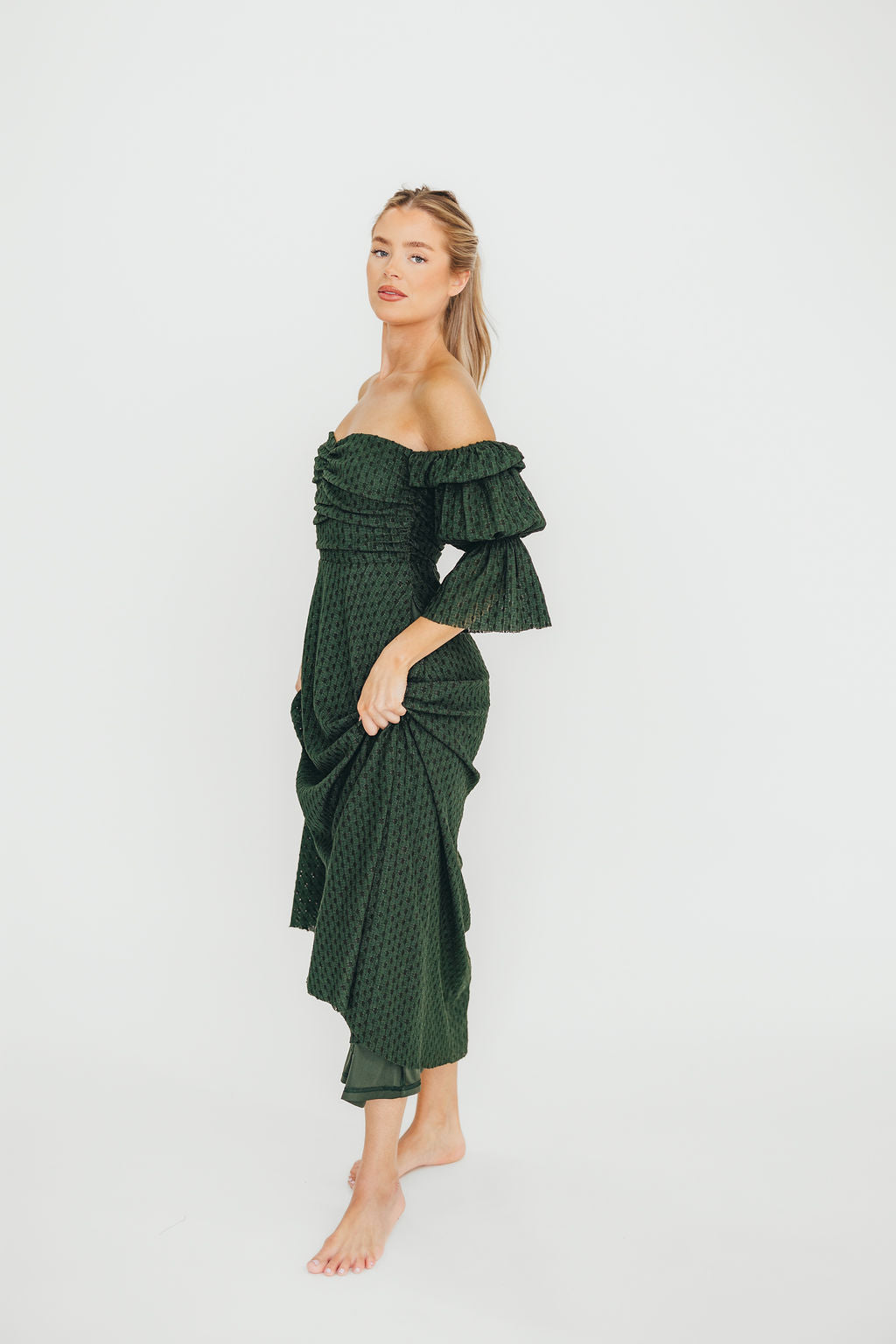 Corrine Tiered Sleeve Maxi Dress with Pockets in Hunter Green - Bump Friendly