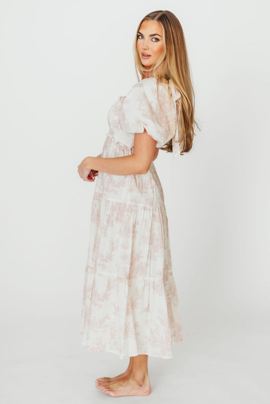 Elena 100% Cotton Toile Print Smocked Midi Dress in Pink - Bump Friendly *12/19 PRE-ORDER*