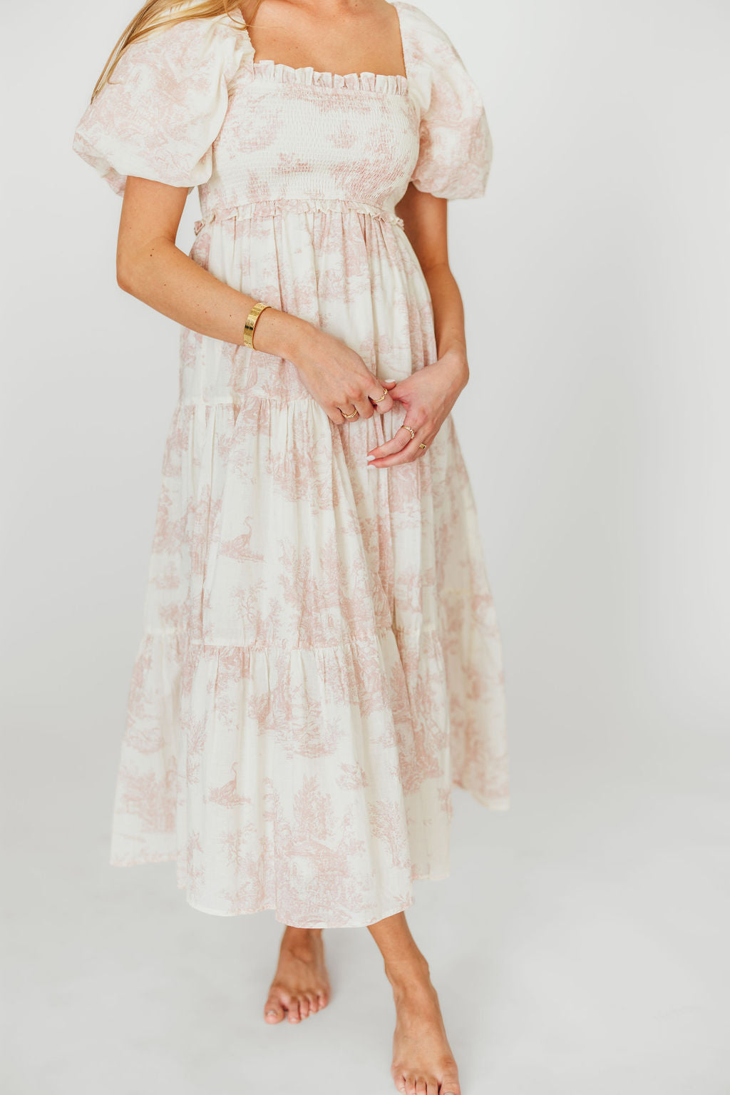 Elena 100% Cotton Toile Print Smocked Midi Dress in Pink - Bump Friendly *12/19 PRE-ORDER*