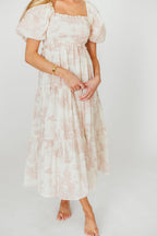 Elena 100% Cotton Toile Print Smocked Midi Dress in Pink - Bump Friendly *12/19 PRE-ORDER*