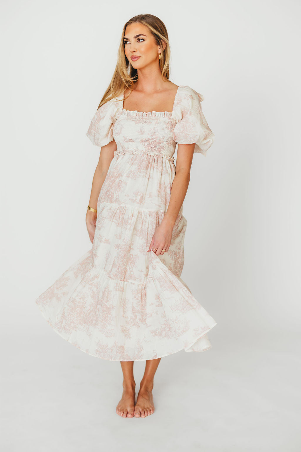 Elena 100% Cotton Toile Print Smocked Midi Dress in Pink - Bump Friendly *12/19 PRE-ORDER*