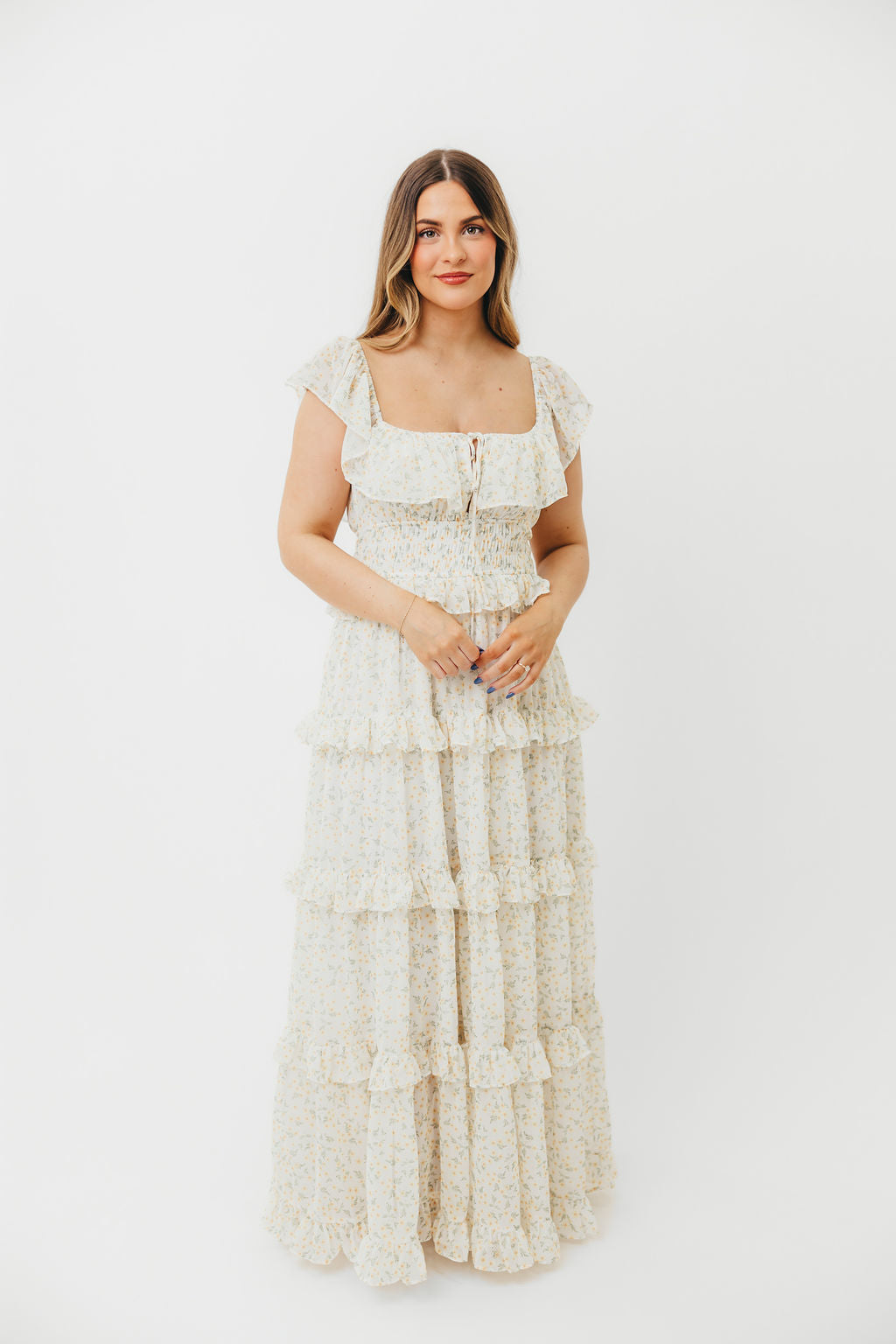 Astrid Ruffle Detail Maxi Dress in Yellow Floral  - Bump Friendly