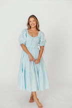 Crissy 100% Cotton Ruched Midi Dress in Baby Blue - Bump Friendly