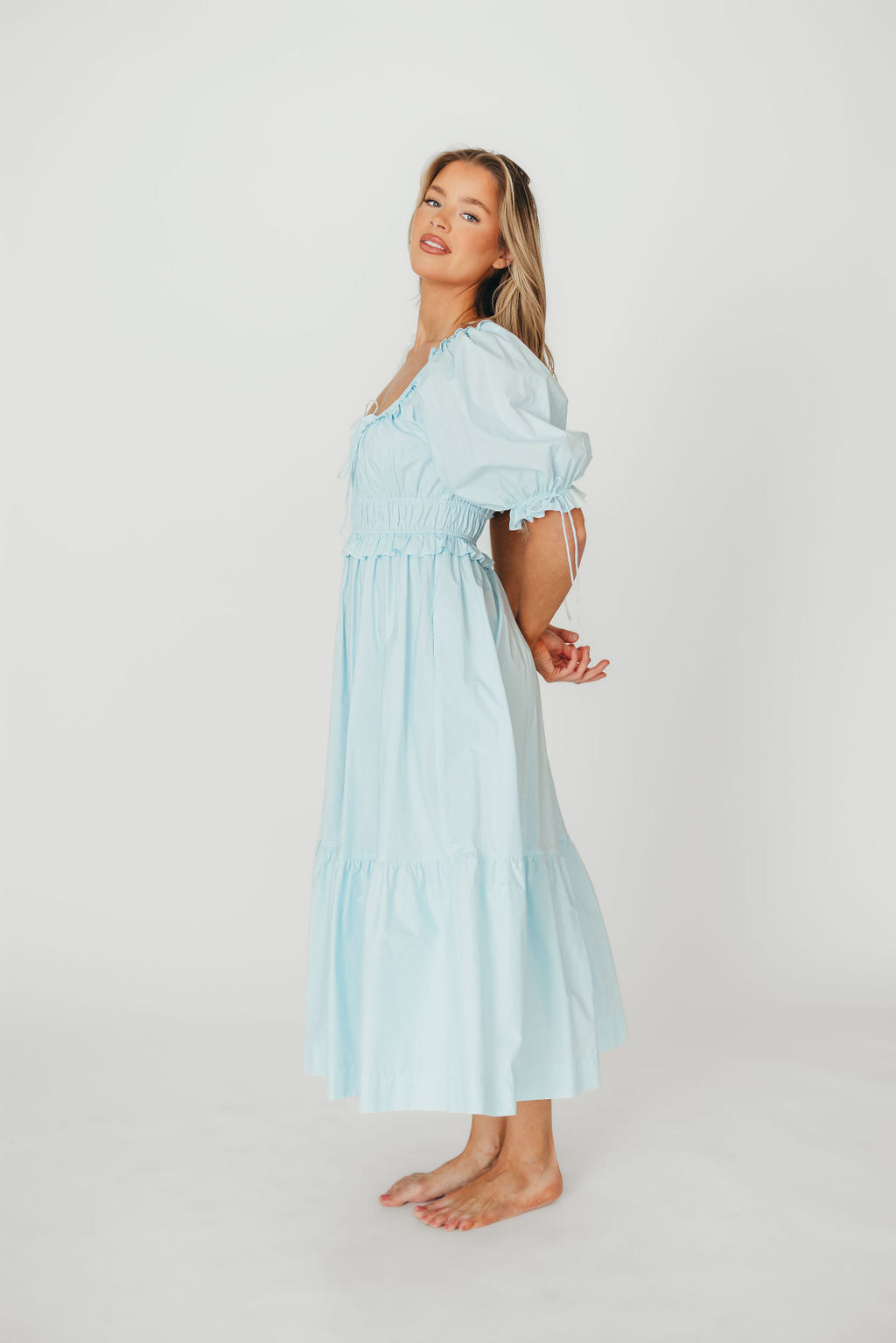 Crissy 100% Cotton Ruched Midi Dress in Baby Blue - Bump Friendly