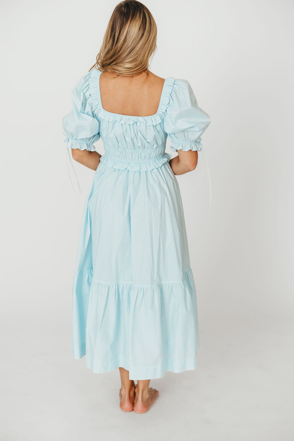 Crissy 100% Cotton Ruched Midi Dress in Baby Blue - Bump Friendly