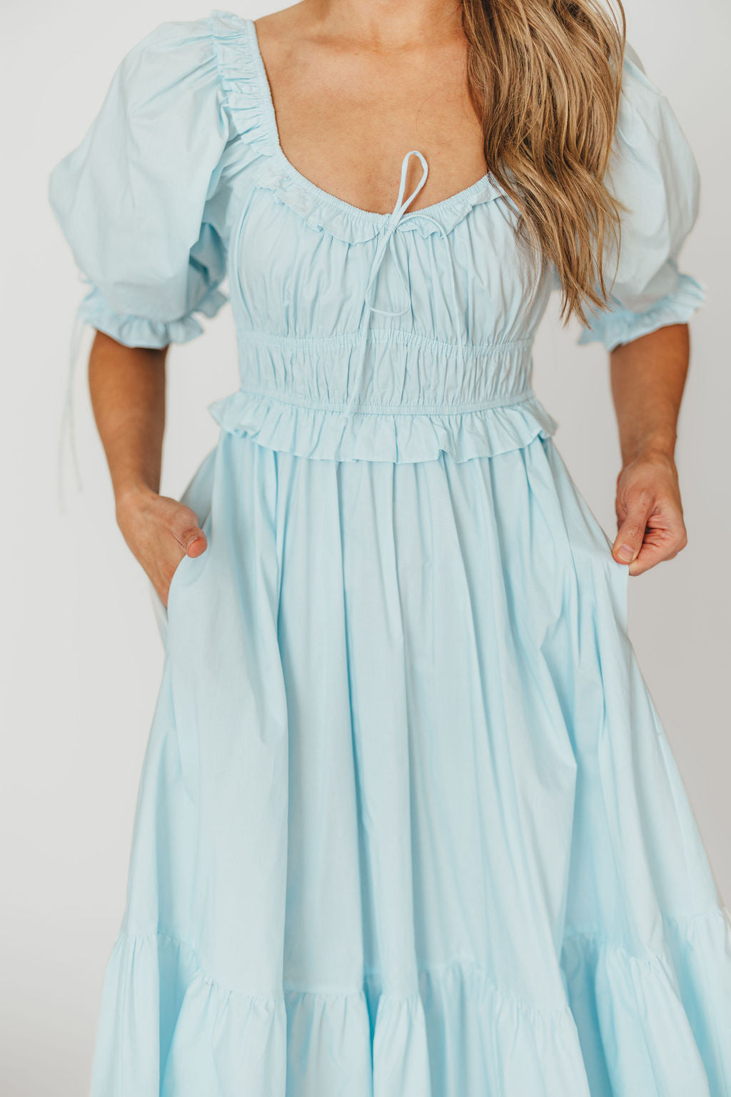 Crissy 100% Cotton Ruched Midi Dress in Baby Blue - Bump Friendly