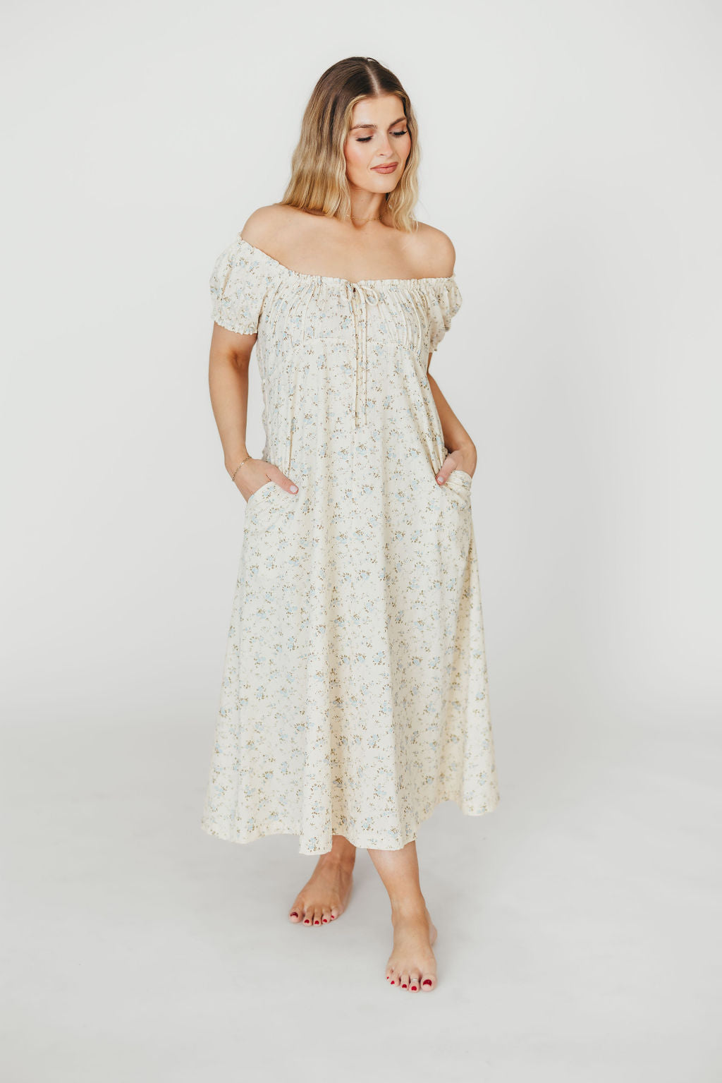 Marley 100% Cotton Midi Dress in Ivory/Blue -Bump Friendly - Restocking End of Jan 2026