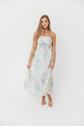 Rosella Floral Eyelet Lace Ruched Tube Maxi Dress in Spring Bloom