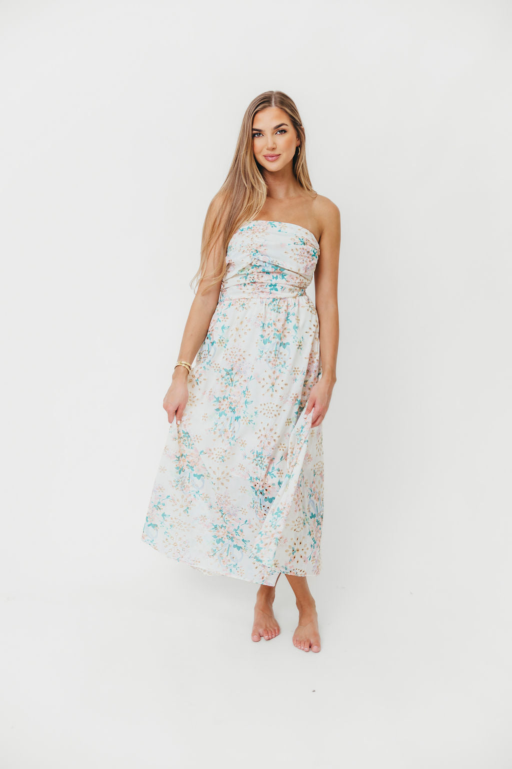 Rosella Floral Eyelet Lace Ruched Tube Maxi Dress in Spring Bloom