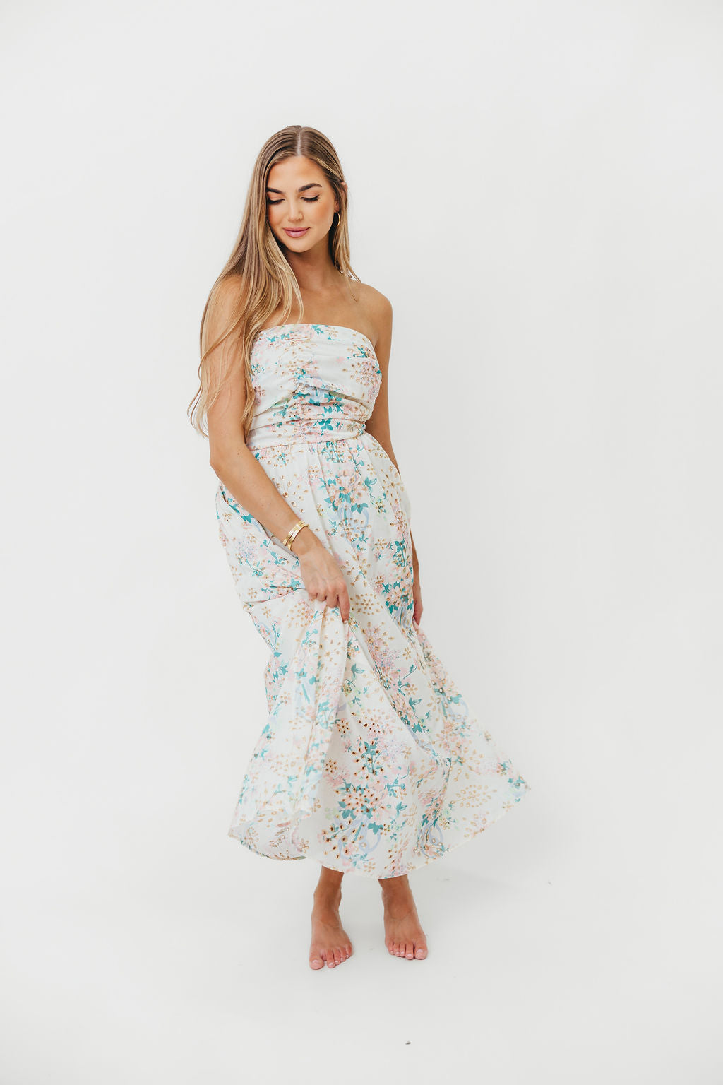 Rosella Floral Eyelet Lace Ruched Tube Maxi Dress in Spring Bloom