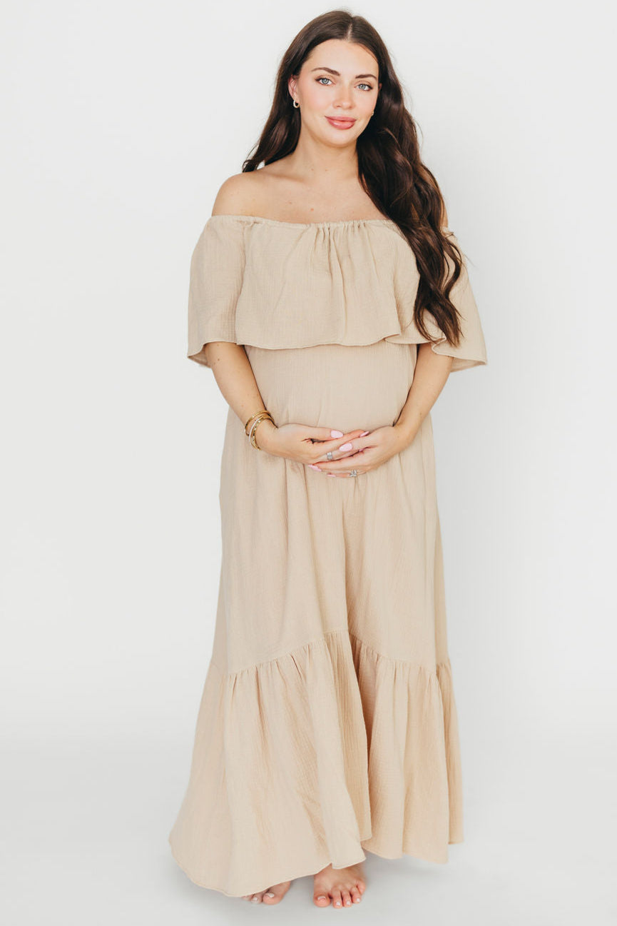 Josie 100% Cotton Maxi Dress in Beige - Bump & Nursing Friendly *Final-Sale*