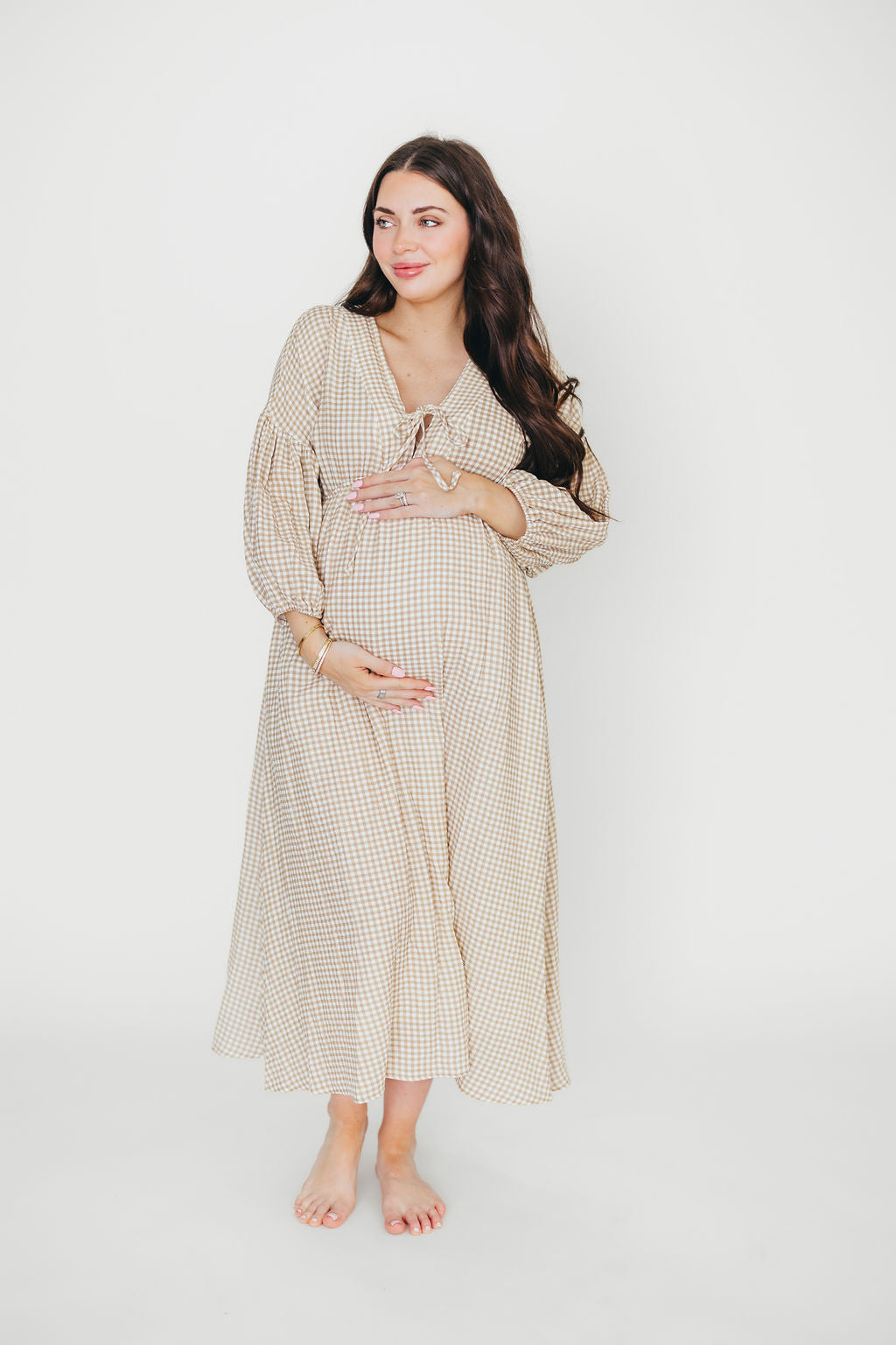 Hunter Printed Gauze Midi Dress in Natural Plaid - Bump Friendly