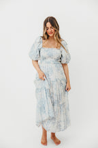 Elena Floral Print Smocked Midi Dress in Blue - Bump Friendly & Inclusive Sizing