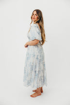 Elena Floral Print Smocked Midi Dress in Blue - Bump Friendly & Inclusive Sizing