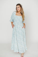 Sienna 100% Cotton Puff Sleeve Maxi Dress in Blue Floral - Bump Friendly