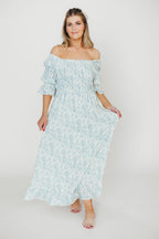Sienna 100% Cotton Puff Sleeve Maxi Dress in Blue Floral - Bump Friendly