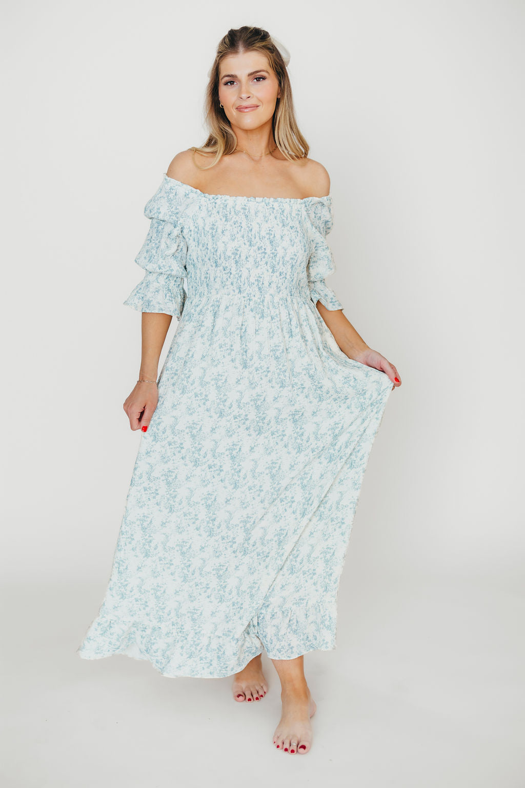 Sienna 100% Cotton Puff Sleeve Maxi Dress in Blue Floral - Bump Friendly