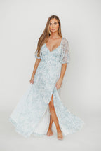 Daphne High Slit Eyelet Detail Maxi Dress in Blue and White Floral - Inclusive Sizing