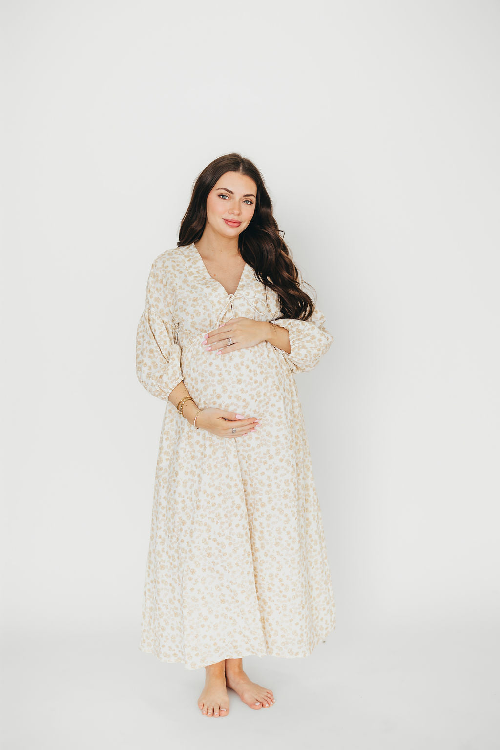 Hunter 100% Cotton Gauze Midi Dress in Natural/Fawn Floral - Bump Friendly