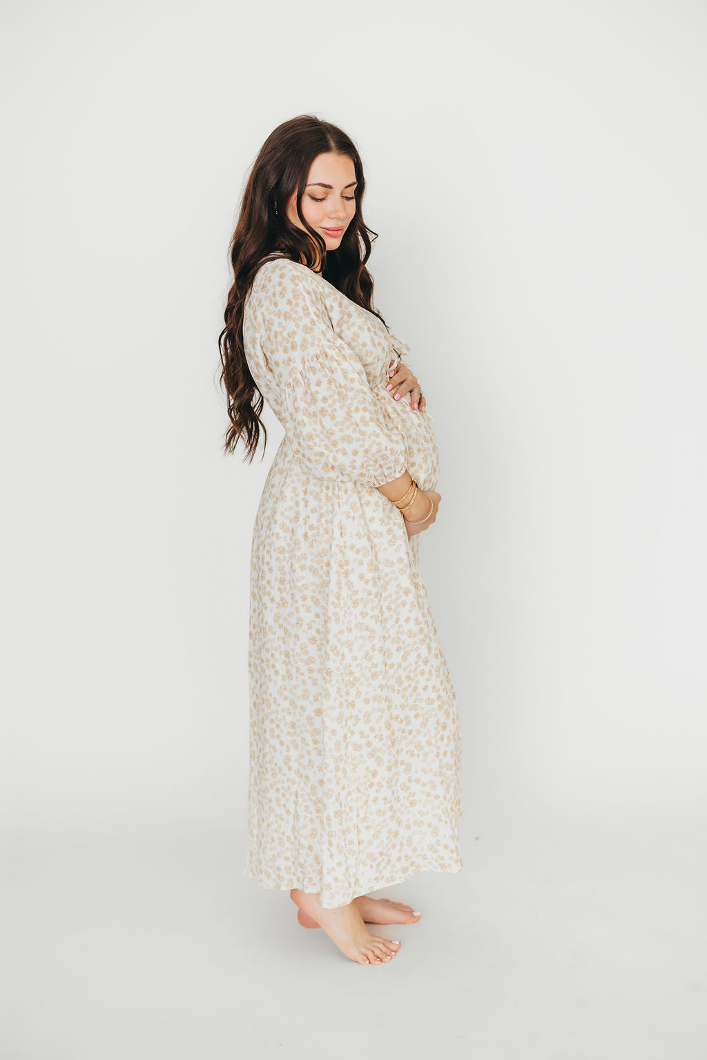 Hunter 100% Cotton Gauze Midi Dress in Natural/Fawn Floral - Bump Friendly