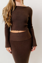Anais Ribbed Knit Top with Maxi Skirt Set in Brown