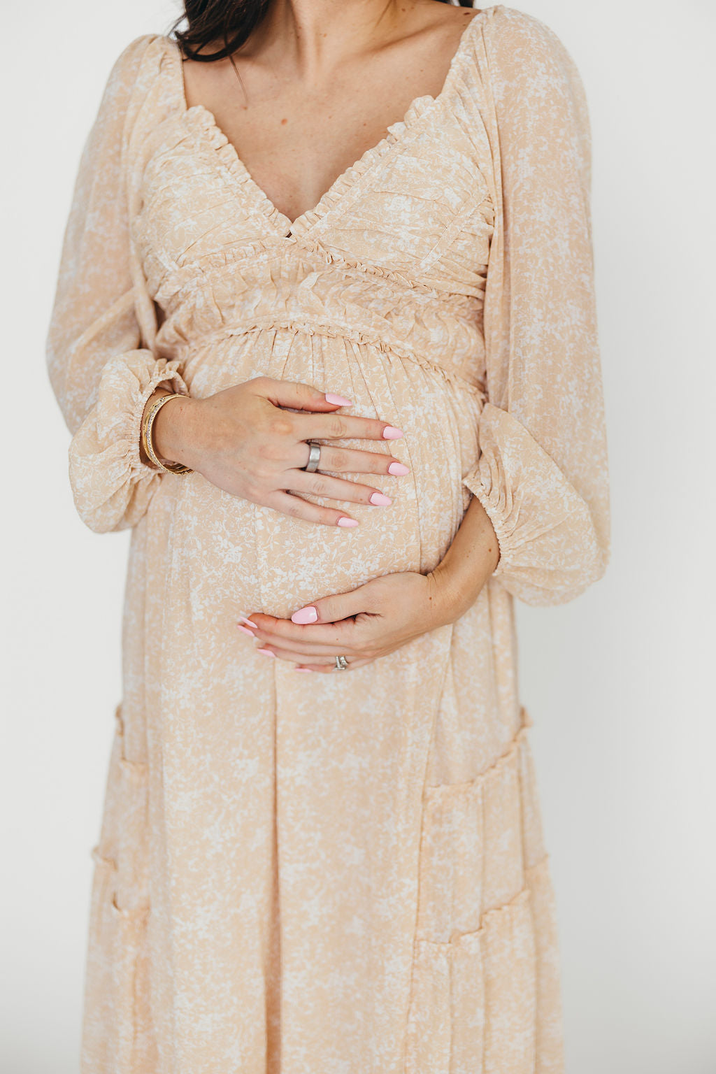 Daphne Long Sleeve Maxi Dress in Light Beige/White Floral - Bump Friendly & Inclusive Sizing (XS-3XL)