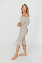 Cameron Stretchy Midi Dress with Ruffles in Beige/Blue *Final-Sale*