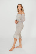 Cameron Stretchy Midi Dress with Ruffles in Beige/Blue *Final-Sale*