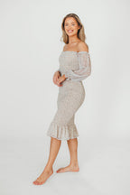 Cameron Stretchy Midi Dress with Ruffles in Beige/Blue *Final-Sale*