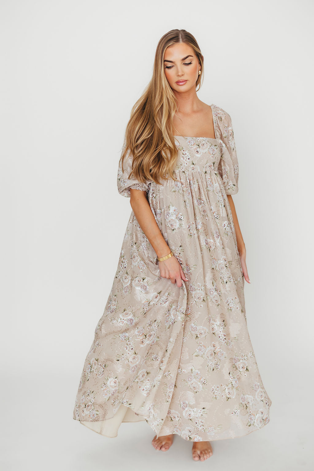Mona Maxi Dress in Beige/Brown Floral - Bump Friendly