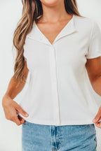 Petra Ribbed Button-Up Knit Top in Off White