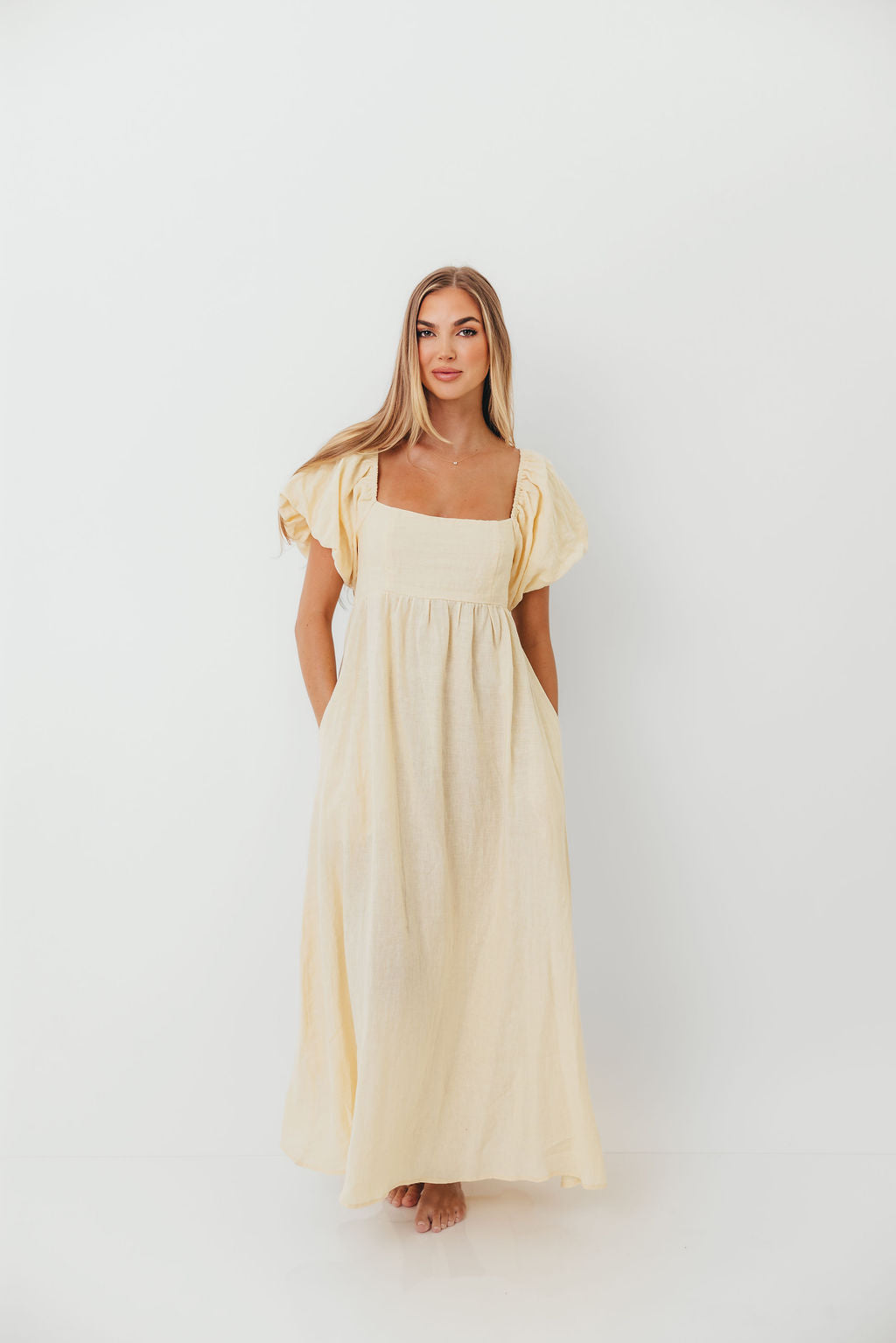 Candace Woven 100% Linen Maxi Dress in Soft Yellow - Bump Friendly