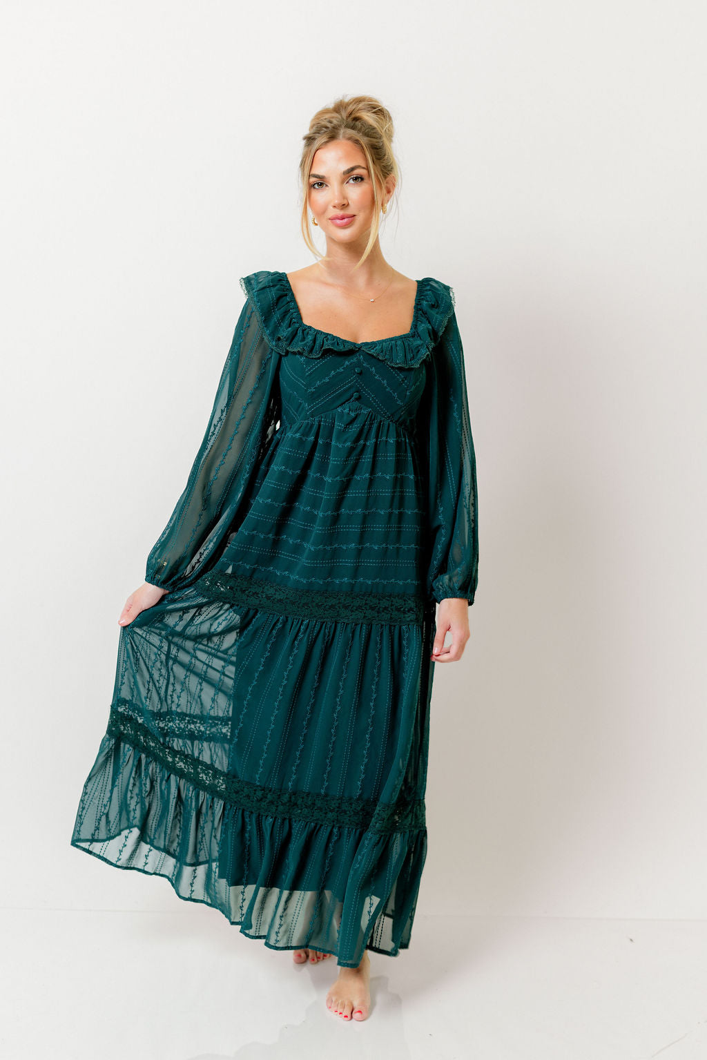 Sabrina Ruffle Trim Tiered Maxi Dress in Deep Green
