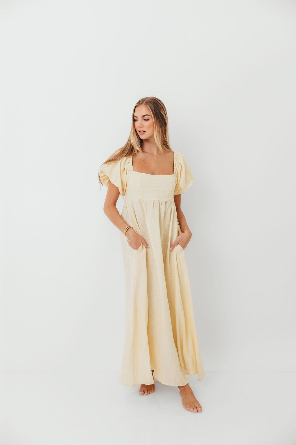 Candace Woven 100% Linen Maxi Dress in Soft Yellow - Bump Friendly
