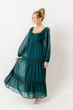 Sabrina Ruffle Trim Tiered Maxi Dress in Deep Green