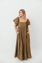 Candace Woven Linen Maxi Dress in Dark Olive - Bump Friendly
