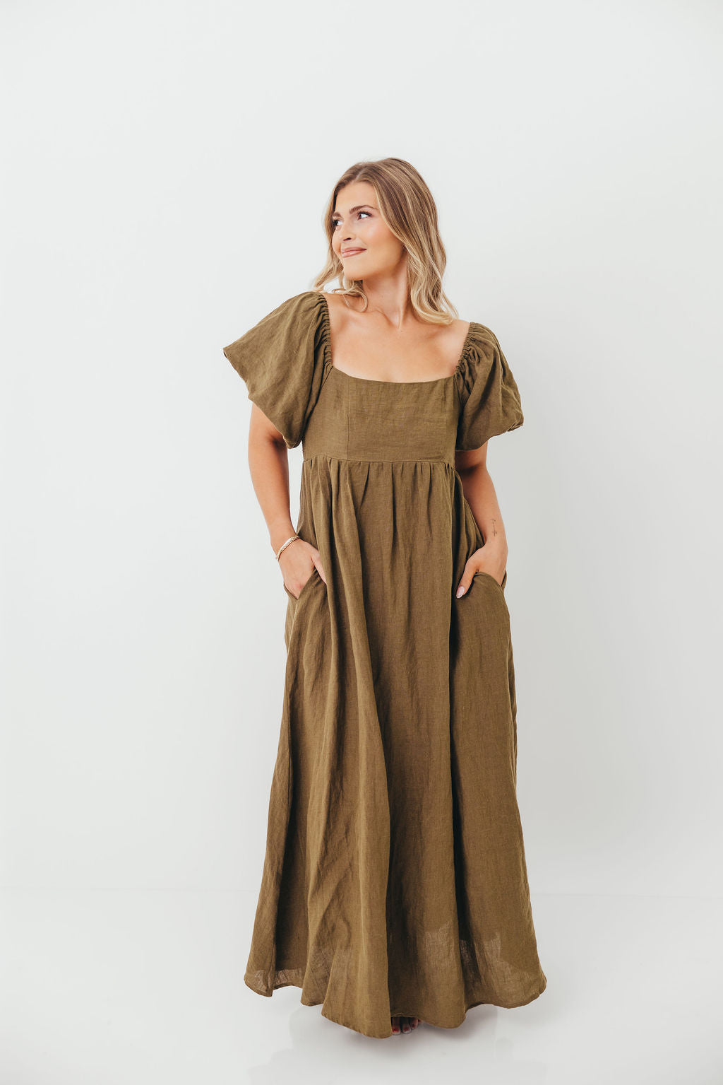 Candace Woven Linen Maxi Dress in Dark Olive - Bump Friendly