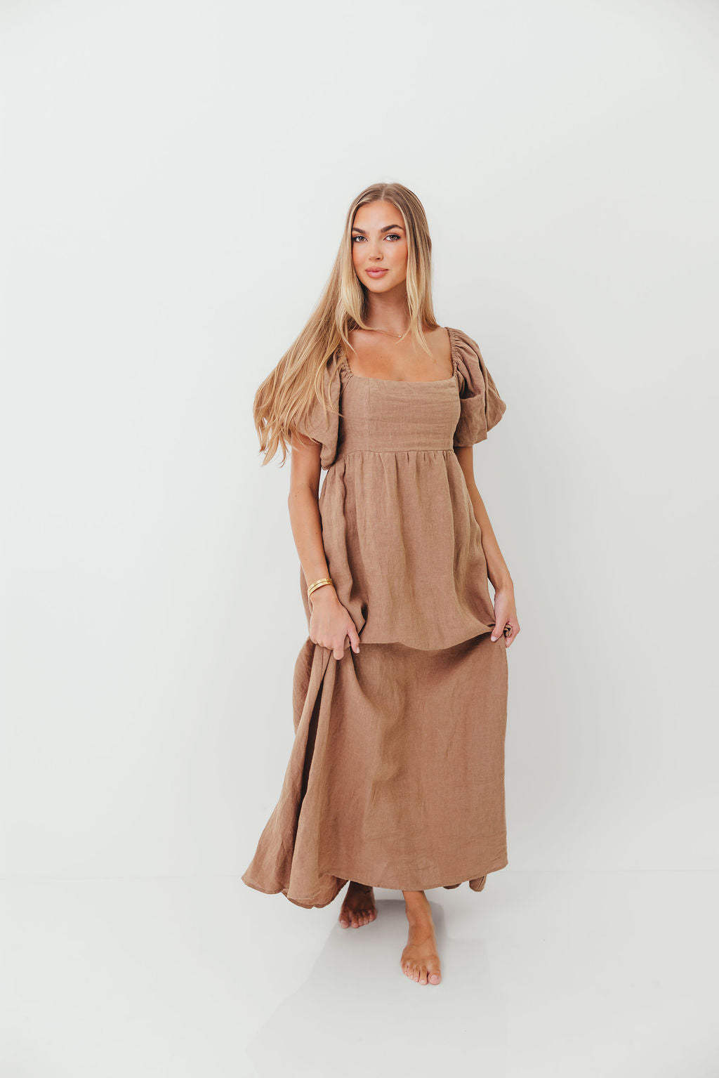 Candace Woven Linen Maxi Dress in Mocha - Bump Friendly