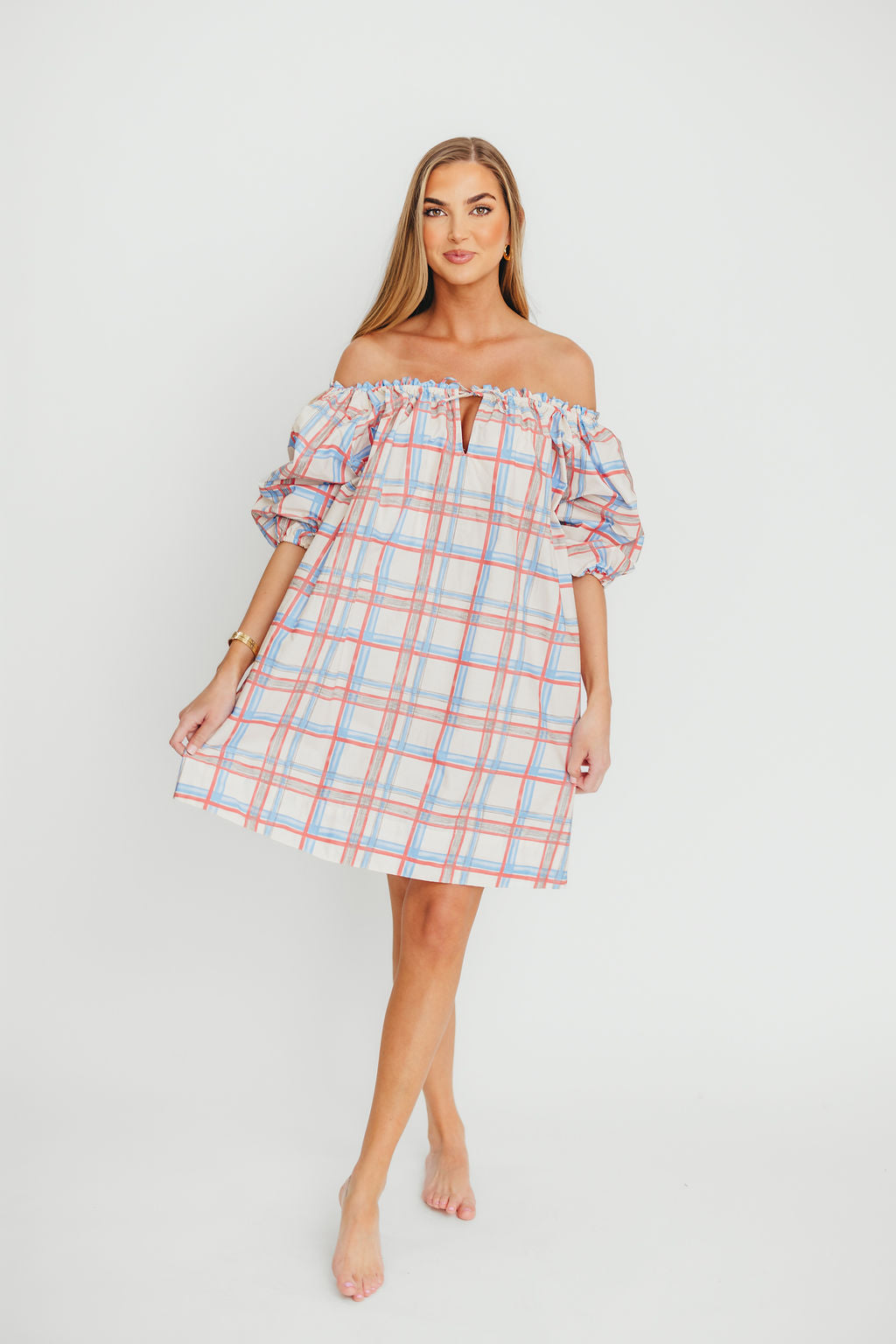 Inaya 100% Cotton Puff Sleeve Babydoll Mini Dress in Blue Multi *Final-Sale*