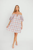 Inaya 100% Cotton Puff Sleeve Babydoll Mini Dress in Blue Multi *Final-Sale*