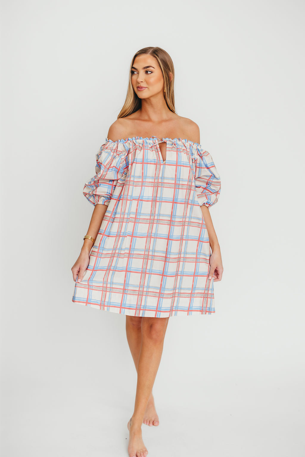 Inaya 100% Cotton Puff Sleeve Babydoll Mini Dress in Blue Multi *Final-Sale*