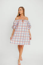 Inaya 100% Cotton Puff Sleeve Babydoll Mini Dress in Blue Multi *Final-Sale*