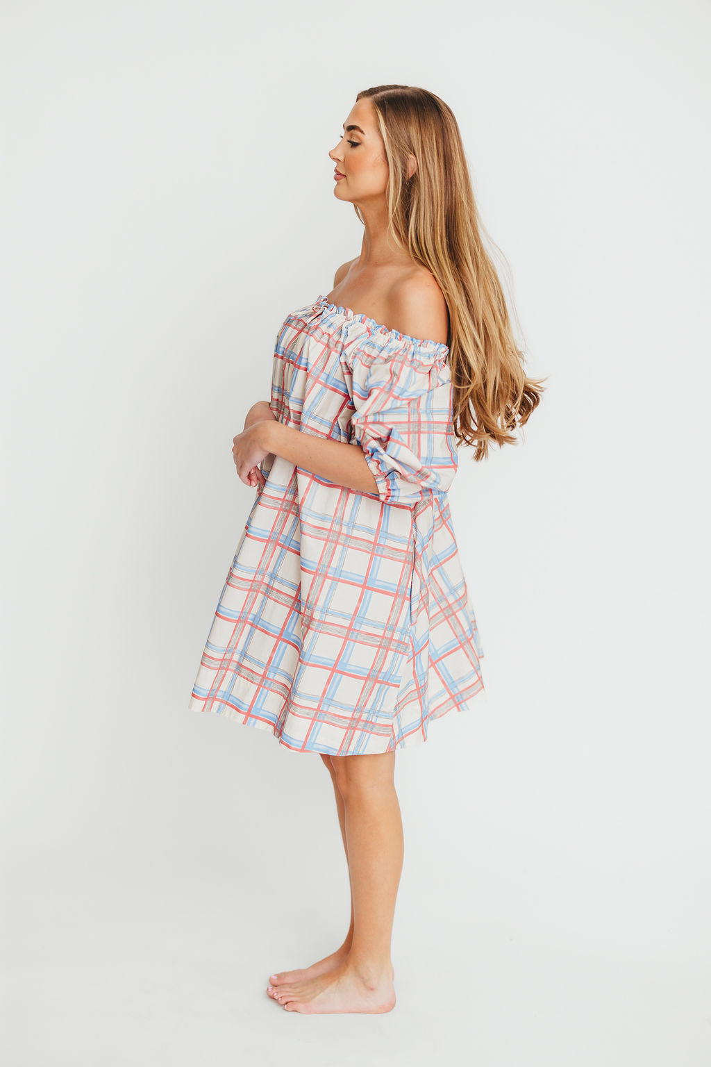 Inaya 100% Cotton Puff Sleeve Babydoll Mini Dress in Blue Multi *Final-Sale*