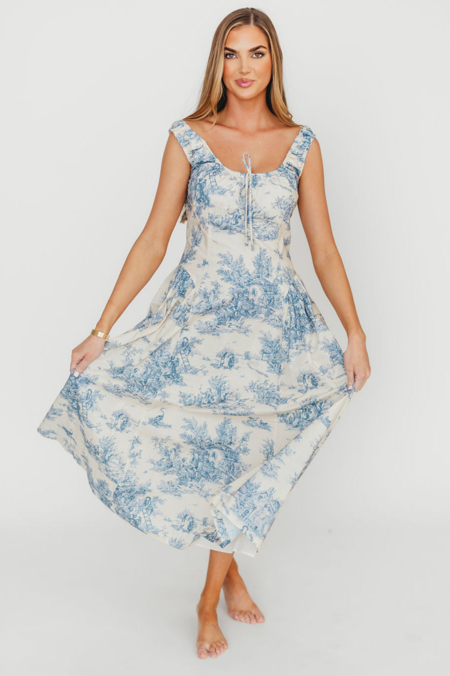 Skyla 100% Cotton Toile Midi Dress with Tie in Blue